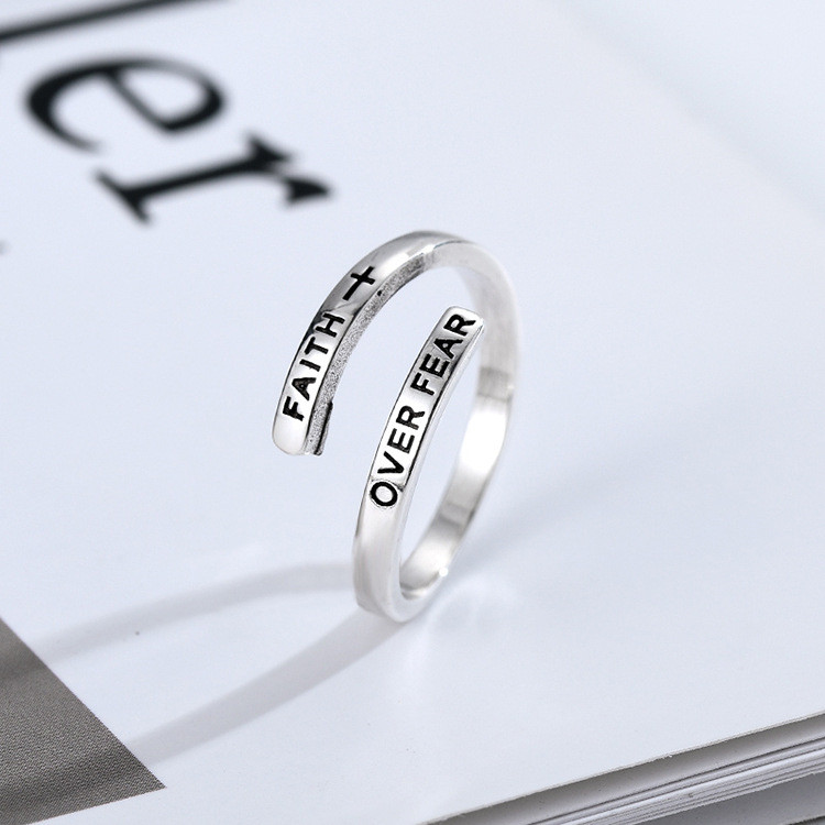 爆款 十字印花套装指FAITH OVER FEAR RING Female ของแท้ ของแท้ 9R2I