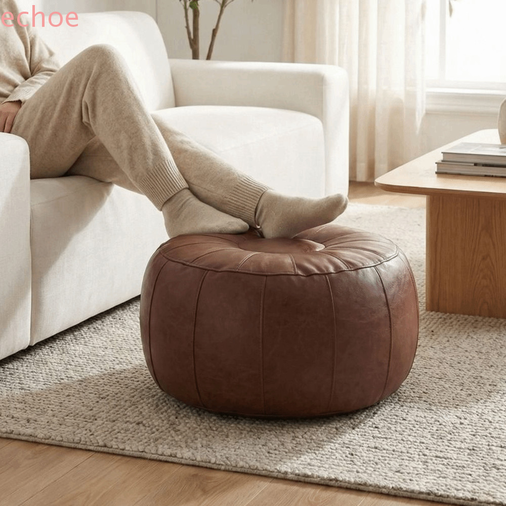 ECHOEDGE เบาะรองนั่ง, รอบหนัง Faux ฟักทอง Pouf ฝาครอบ, ต้องเติม Unstuffed Minimalist ความจุขนาดใหญ่โซฟาสตูลห้องนั่งเล่น