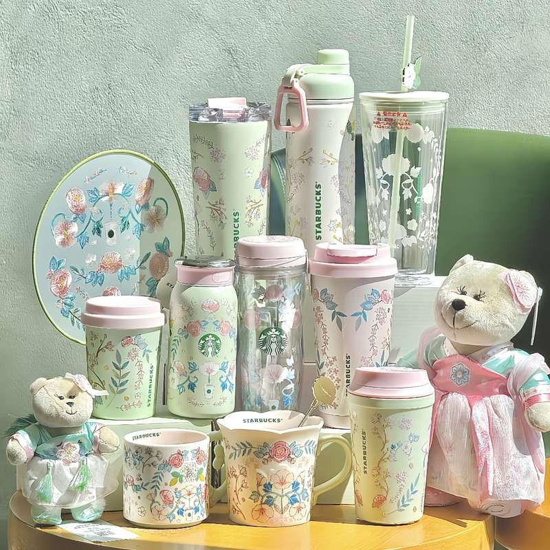 Starbucks Cup 2025 Spring Flower Series แก้วเซรามิกระดับไฮเอนด์สดและโรแมนติกพร้อมหลอดสแตนเลสที่มาพร้อมกับถ้วย