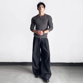 Kinwoo กางเกงยีนส์สูทลายทางผู้ชาย/ผู้หญิง กระดุมหลายตัวส์ขากว้าง baggy jeans ทรงหลวมขากว้าง ผ้าสูทลายทางดรอปสวย เอวปุ่มกดหลายดวง unisex แฟชั่นอเมริกันวินเทจ