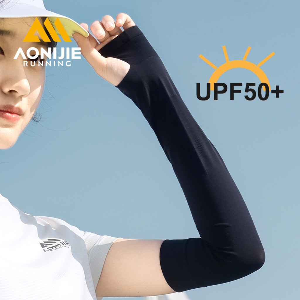 AONIJIE อาโอนิจิ จ4445แขนแขนป้องกันรังสียูวีสําหรับผู้หญิงผู้ชายแขนที่มีรูนิ้วหัวแม่มือ ขึ้น50 + ป้องกันแสงแดดสําหรับวอลเลย์บอลบาสเกตบอลวิ่งขี่จักรยาน จ4443