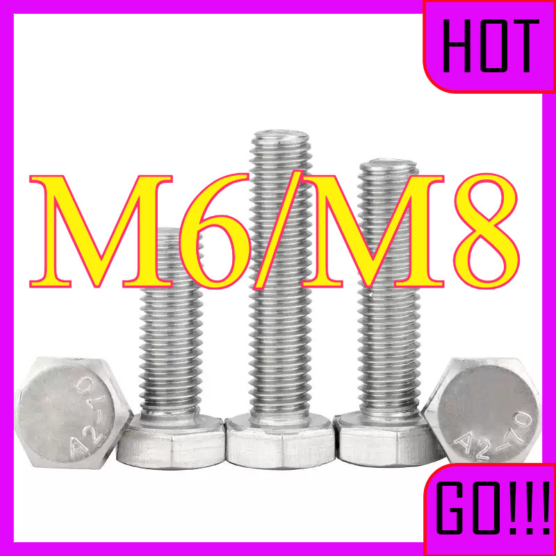 น็อตสกรูหัวหกเหลี่ยม น็อตตัวผู้ น๊อต เกลียว hexagon head screws มาตรฐาน  สแตนเลส 304   M6/M8 L = 6-2