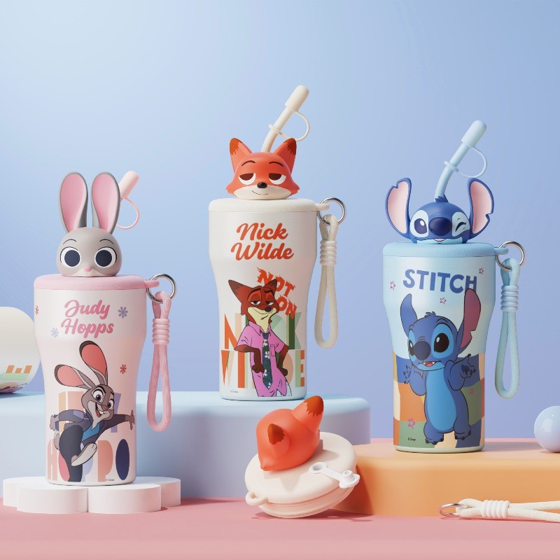 Crazy Animal City Judy ถ้วยน้ําสแตนเลสฉนวนถ้วยกาแฟการ์ตูนนักเรียนคู่ 630ml ถ้วยเดสก์ท็อปความจุขนาดใหญ่พร้อมฟาง