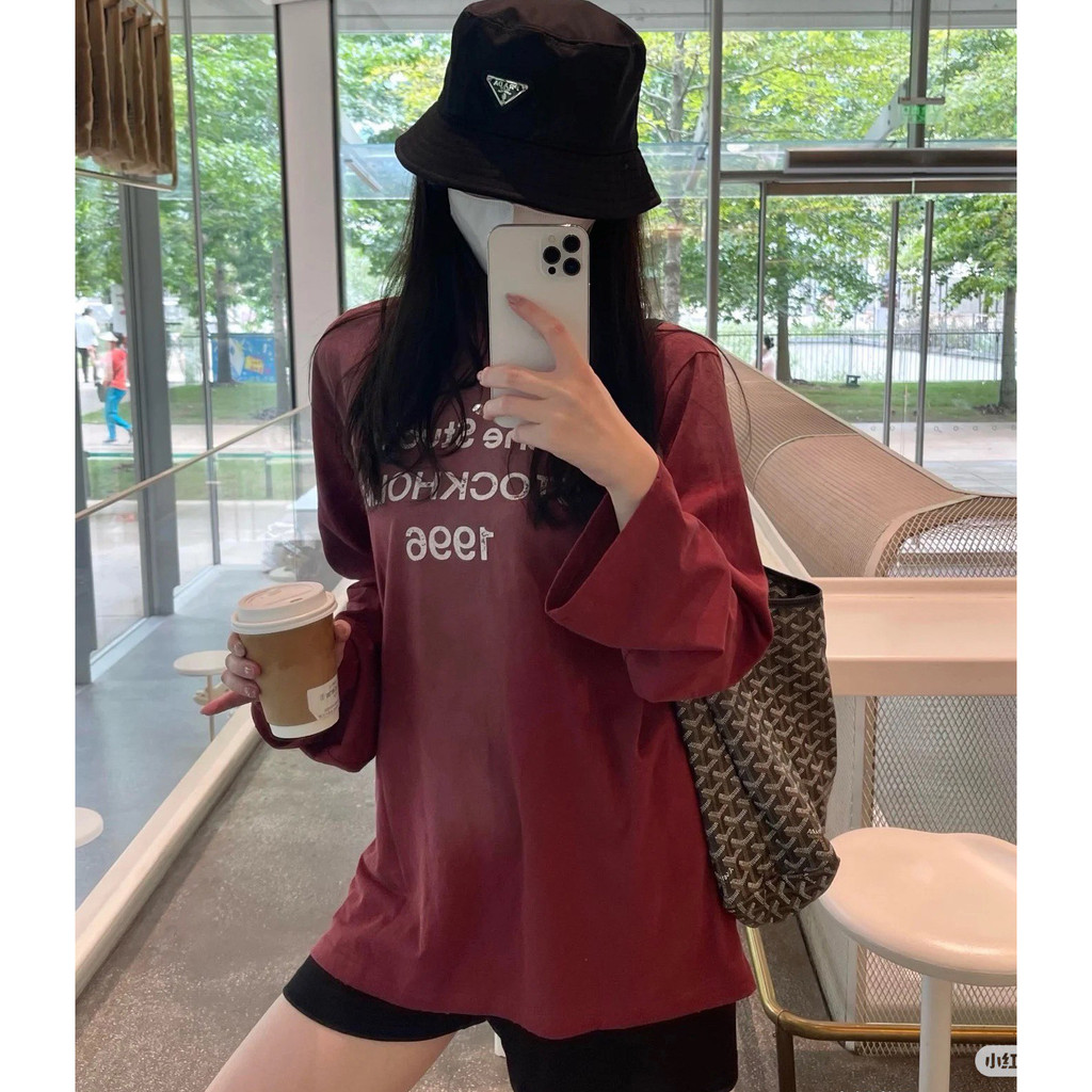 9JQ8 AC Limited to Nordic Region 1996Letter Print Spray Horse Washed Distressed Base Shirt Long Slee