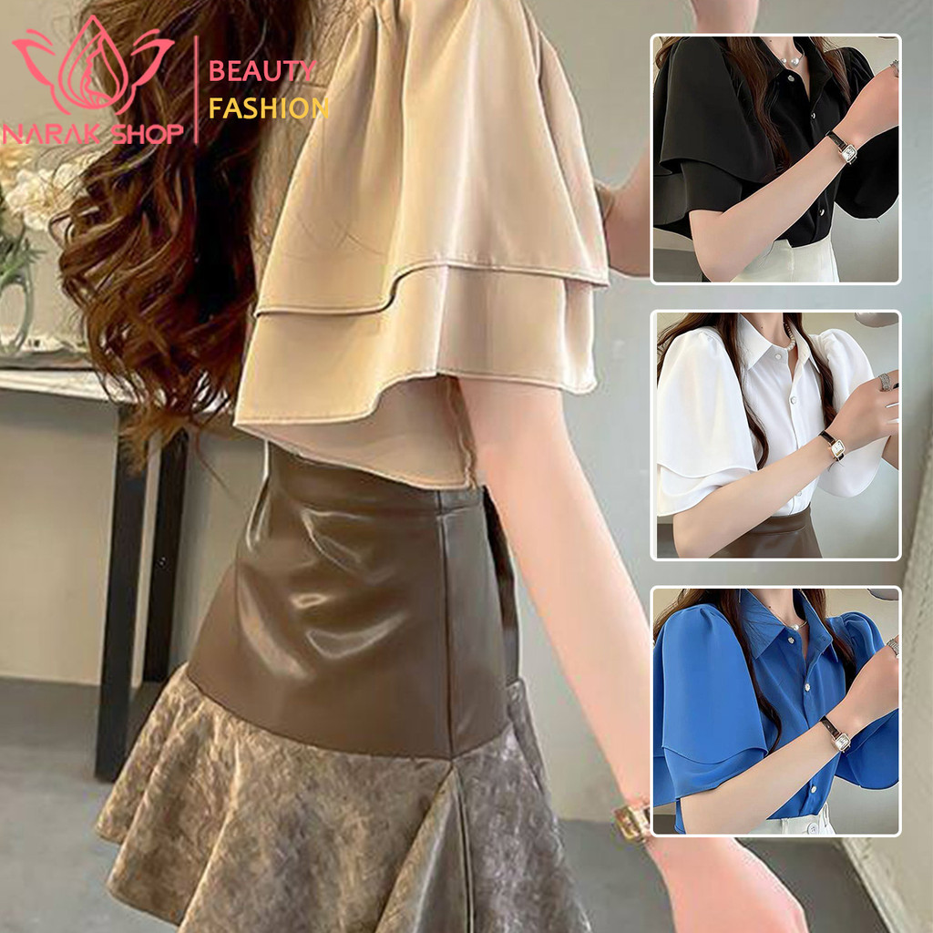 เสื้อเชิ้ตแขนสั้นผู้หญิงสไตล์หวานๆ  ผ้าชีฟอง สวมใส่สบาย