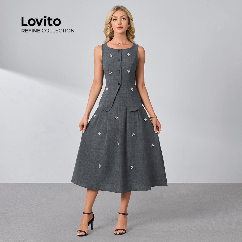 (Lovito Refine)  เสื้อหรือกระโปรงประดับหัวเข็มขัดประดับเพชรจีบสําหรับฤดูใบไม้ผลิ/ฤดูร้อน สีเทาเข้ม LR29L067 - รูปที่ 3