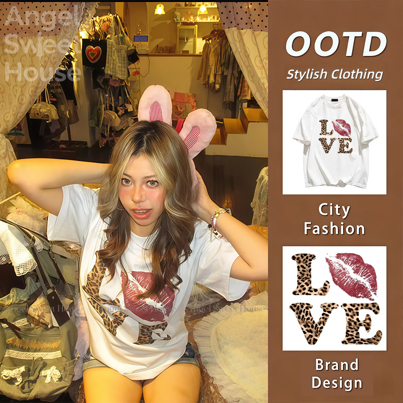 (จัดส่งตลอด 24 ชั่วโมง）Angle Official เสื้อยืดแขนสั้นพิมพ์ลายเสือดาวยุโรปและอเมริกา vintageวินเทจเสื้อoversizeผ้าฝ้ายแท้