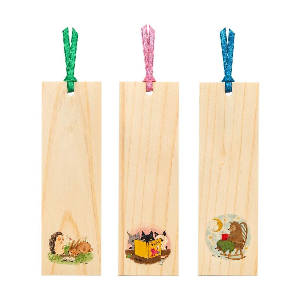 shiorifan Hinoki Bookmark "Animals Reading Scenes" Made with Domestic Hinoki Thin Boards (Set A)  
s