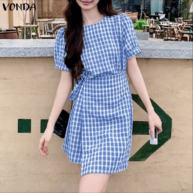 VONDA ชุดเดรสสไตล์ GIRLISH RETRO สำหรับผู้หญิง ดีไซน์ลูกเรือ คอพัฟ แขนทีไวน์ ลายสก๊อตแบบ A-LINE — صورة 5