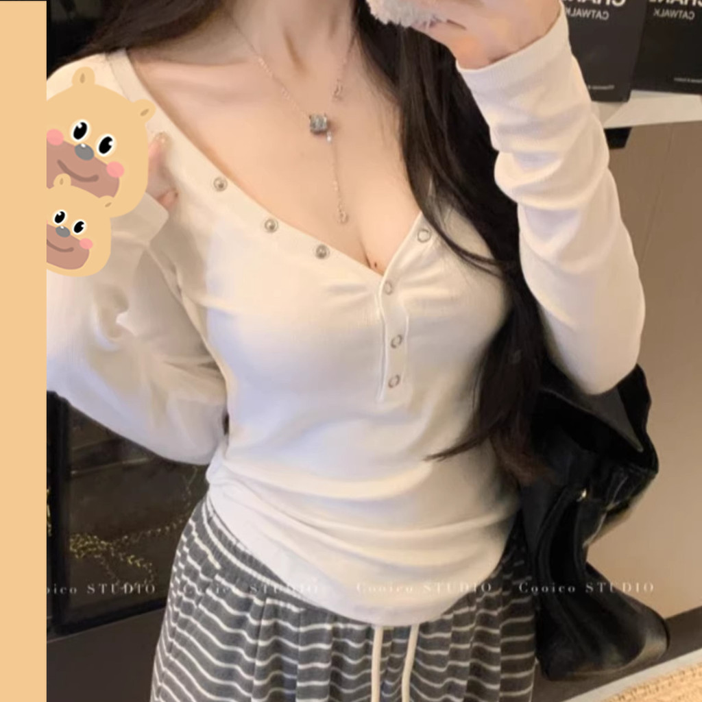 🎀bearbra🎀เสื้อยืดแขนยาวผู้หญิงแฟชั่น ใหม่ สไตล์ยุโรปและอเมริกา ทรงเข้ารูป เสื้อยืดผู้หญิง One Size สีดำ, ขาว