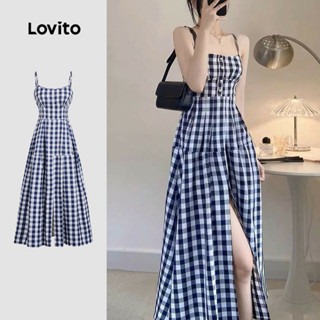 Lovito ลําลองลายสก๊อตแยกด้านหน้าปุ่มลายฤดูใบไม้ผลิ/ฤดูร้อน ห…