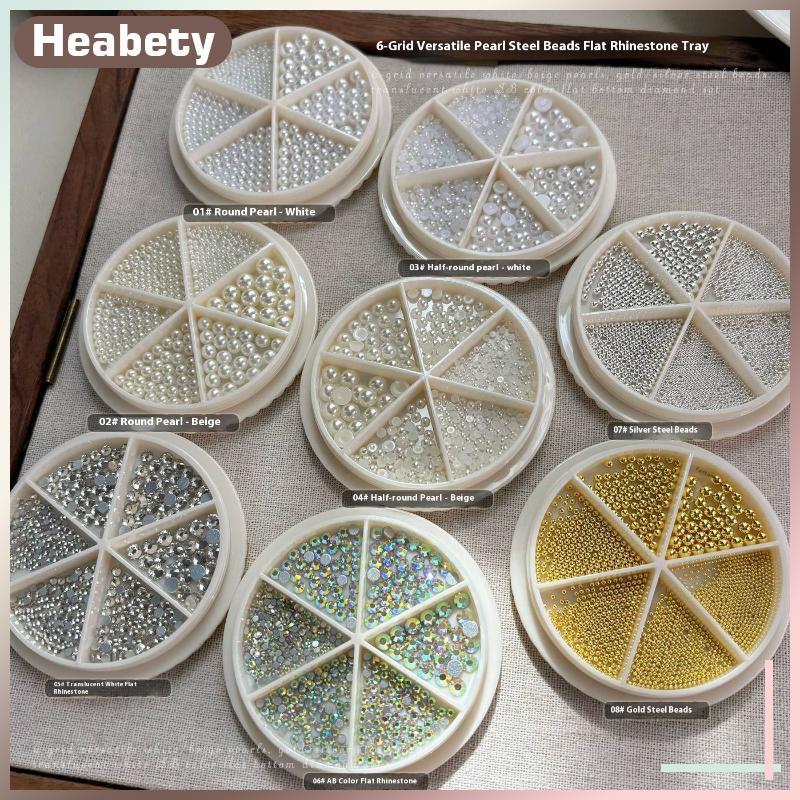 [ Heabety] 6 กริดผสมไข่มุกสแตนเลสขนาดเล็กคาเวียร์ลูกปัดเล็บ Rhinestones ตกแต่งเล็บ Silver Gold Charm เจลโปแลนด์เคล็ดลับอุปกรณ์แต่งเล็บ [COD]