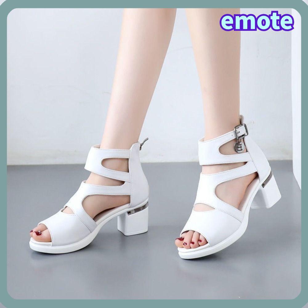 EMOTE Chunky Heels, PU Open Toe Wedges Heels, Round Head Thick Soles Flat Sandals Summer