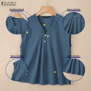 ZANZEA เสื้อลายอเนกประสงค์สำหรับผู้หญิง ออกแบบสไตล์เกาหลี แขนสั้น มีกระดุม V-neck ทำจากผ้าฝ้ายและลินิน เหมาะสำหรับวันหยุดและสวมใส่ในช่วงฤดูร้อน