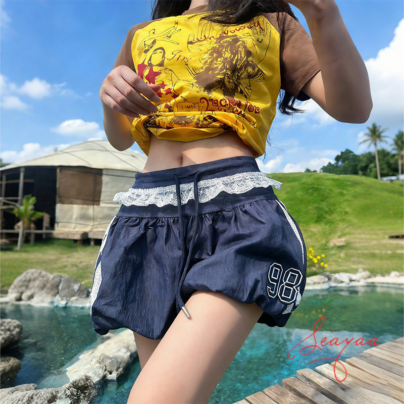 กางเกงขาสั้นผู้หญิงทรงหลวมเอวสูง ดีไซน์เก๋ มีเชือกผูกเอว ทรงขากว้าง สไตล์ลำลอง SY