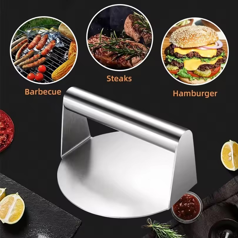 Stainless Steel Burger Press, 5.5 Inches, Round Burger Smasher, Non-Adhesive Bacon and Grill Press f