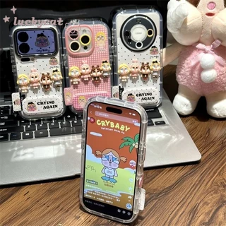 3D DIY เด็กสีชมพู Gird จุดสีดํารูปแบบเคสโทรศัพท์ + กระจกหนังสําหรับ iPhone 16 15 14 13 12 11 Pro Max X Xr Xs Max 7 8 Plus SE2020