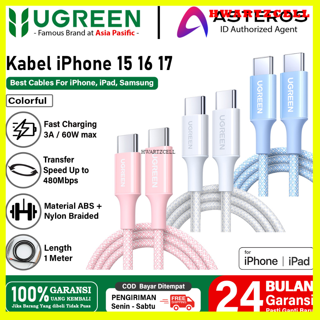 [HWARTZ] UGREEN iPhone 15 16 17 Pro Max Series USB C To C สายถัก PD Fast Charging 5A 3A