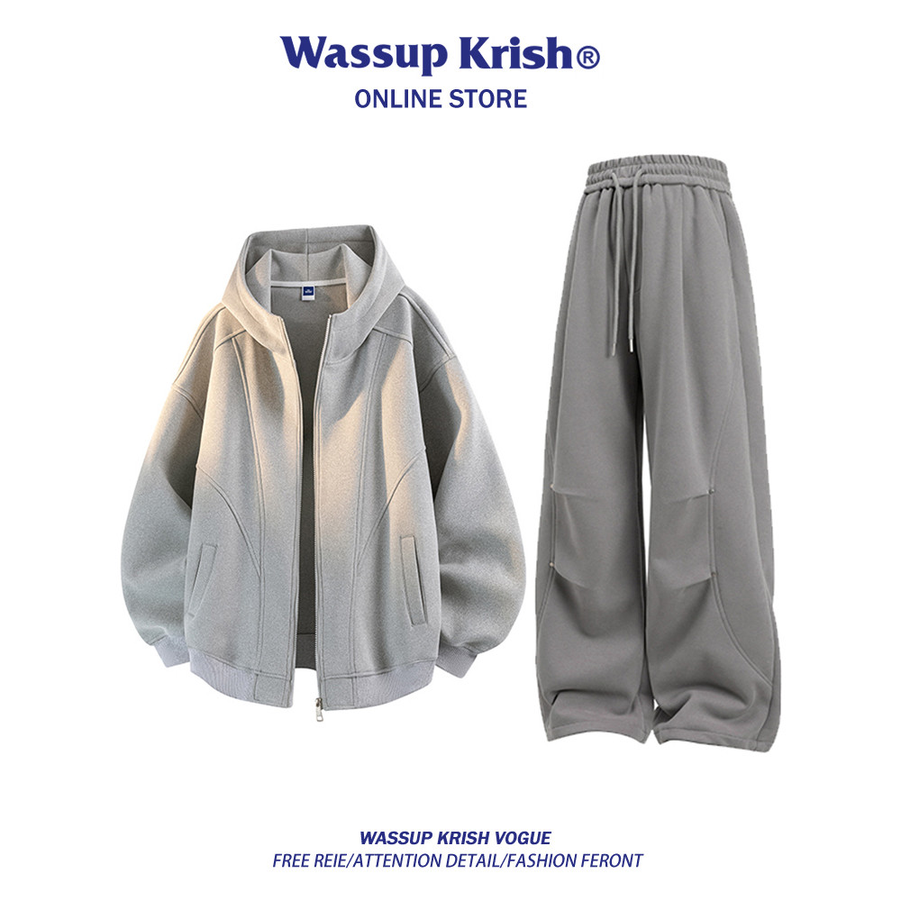 WASSUP KRISH Destruction คาร์ดิแกน Hooded Casual ชุดกีฬาผู้ชายฤดูใบไม้ผลิเสื้อกันหนาวกางเกงสวมใส่ทั้