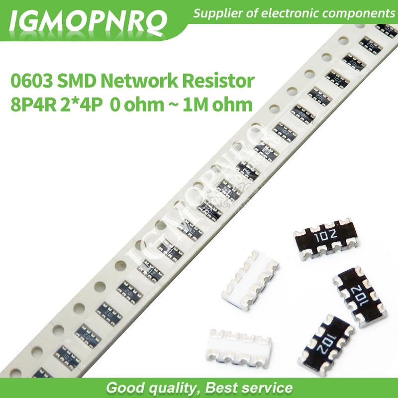 100 ชิ้น 0603 2*4 8P4R 2*4P 5% ตัวต้านทานเครือข่าย SMD อาร์เรย์ 0 โอห์ม ~ 910K 2K 2.2K 4.7K 10K 22K 