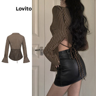 Lovito เสื้อเบลาส์ผู้หญิง ลายทาง  ผูกด้านหลัง สไตล์ลำลอง แขน…