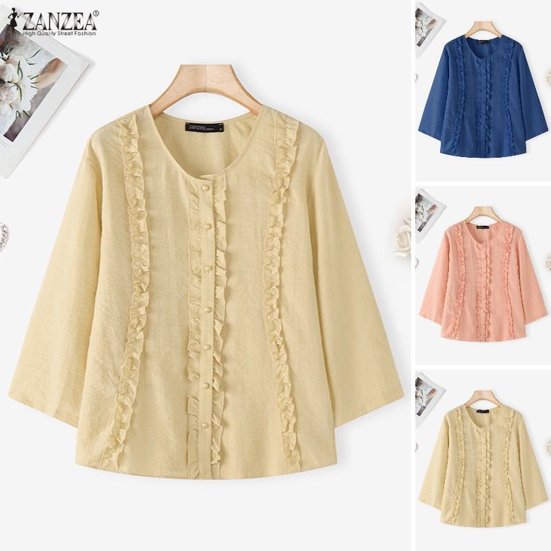 ZANZEA เสื้อลายแพตช์เวิร์คและรัฟเฟิล สไตล์เกาหลีสำหรับผู้หญิง มีปุ่มด้านหน้า แขนสั้น 3/4 — صورة 6