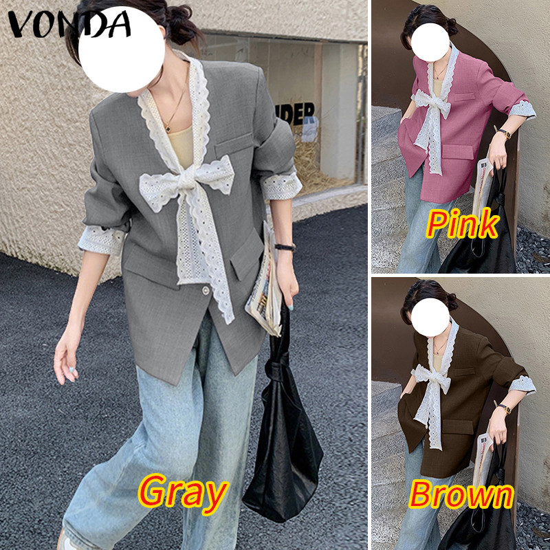 VONDA بليزر نسائي كوري بياقة V ودانتيل — صورة 3