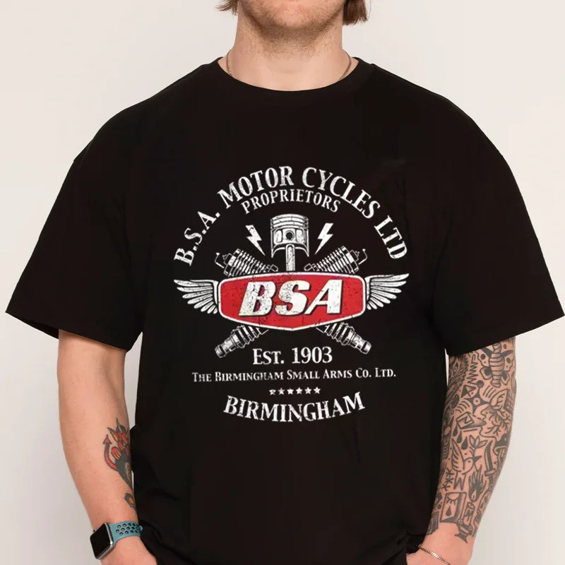 Ly ได้รับอนุญาต BSA Motorcycles Vintage 1903 Birmingham Est เสื้อยืดผ้าฝ้าย O-คอ T เสื้อแขนสั้น Tshi