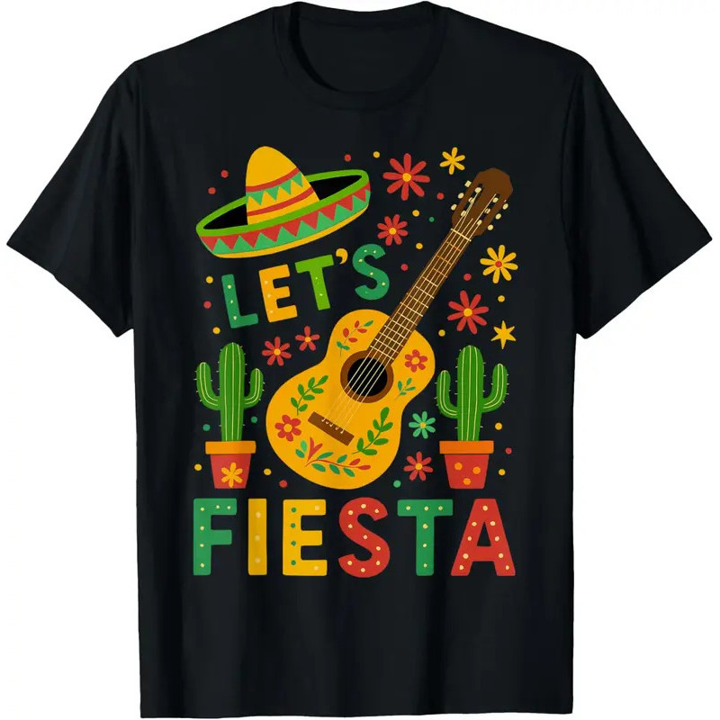 เสื้อยืดลายกราฟิก Lets Fiesta Guitar Cactus Sombrero Mexican Fiesta สำหรับผู้ชาย