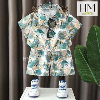 ใหม่ ชุดเซ็ตฮาวาย ชุดเซ็ตเสื้อเชิ้ตเด็ก เสื้อแขนสั้น+กางเกงขาสั้นฮาวายทะเล สงกรานต์