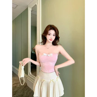 Vogue🌟พร้อมส่ง🌟 เสื้อเกาะอก ลายลูกไม้ แต่งโบว์น่ารักๆ มีบราในตัว สไตล์สาวหวาน (FY5615)