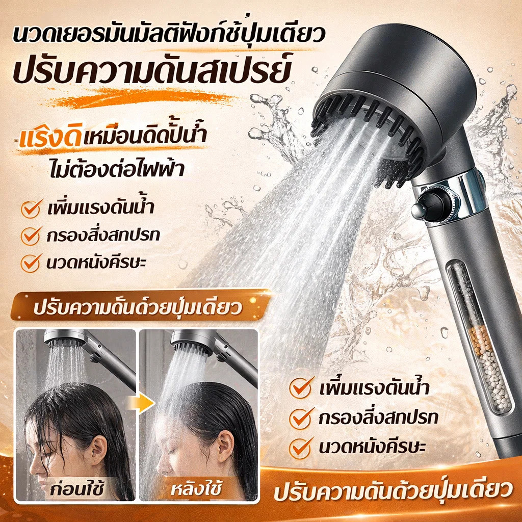 ⏰โปรโมชั่นจำกัดเวลา⚡🔥💪แถมท่ออาบน้ำและขาแขวนหัวฝักบัว🚿🔥 ฝักบัวแรงดันสูงจากเยอรมัน ชุดหัวฉีดน้ำมือถือ3 ระดับ พร้อมตัวกรองบูสเตอร์