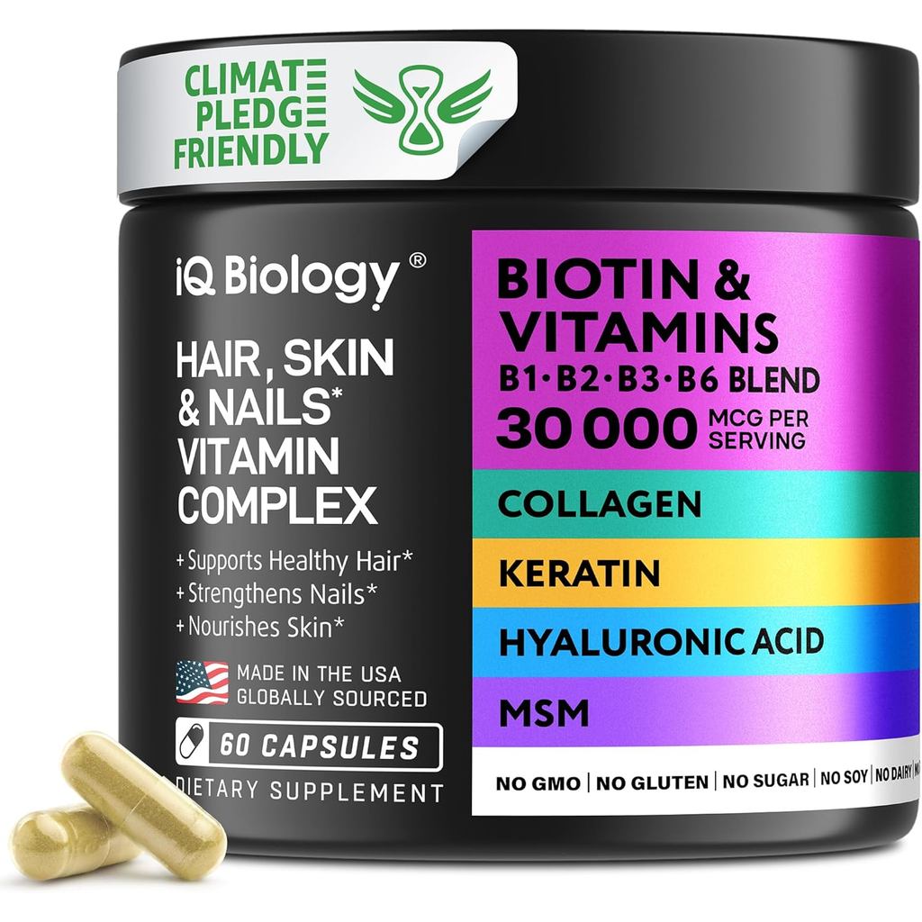 Biotin for Women & Men with Keratin, Collagen Complex 30000 mcg - แคปซูลสําหรับผมร่วง & Stronger ควา