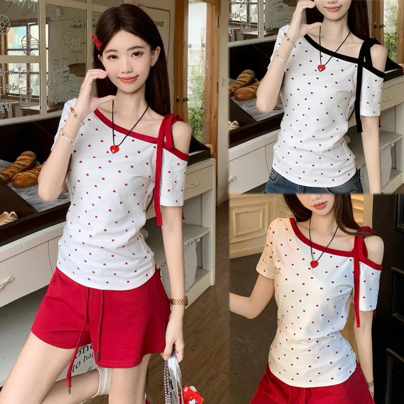 Anata ขนาด S-2XL เสื้อปาดไหล่ผู้หญิง ลายจุด สไตล์เกาหลี ดีไซน์สุดคลาสสิก แขนสั้นเสื้อยืด สายรัด ฤดูร้อน ทุกโอกาส