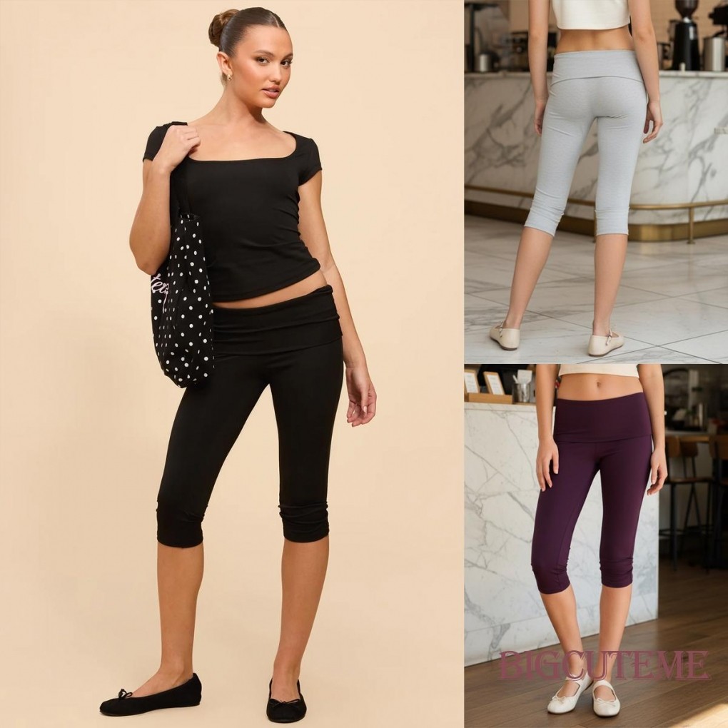 กางเกง-legging สำหรับผู้หญิงแบบ Low Rise capri ยืดหยุ่น มินIMAL OVER waistband สีทึบ
