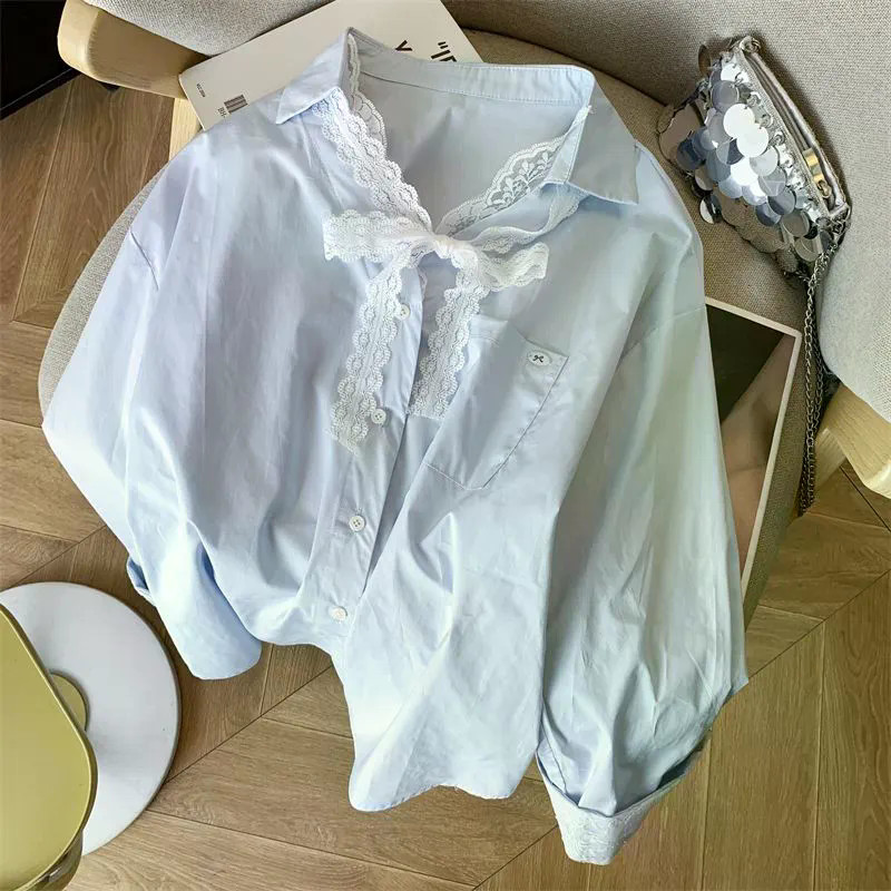 LINNA~Xเวอร์ชั่นเกาหลี ลูกไม้ ผูกขึ้น แขนยาว เสื้อเชิ้ต สไตล์หวาน รุ่นใหม่