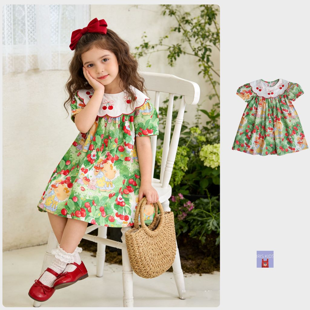 【พร้อมส่ง】「สินค้าลิขสิทธิ์แท้」IRIS KIDS 26 summer IKD260224 Cherry Garden Dress สไตส์เกาหลี เดรสเด็กผู้หญิง ลายเชอร์รี่