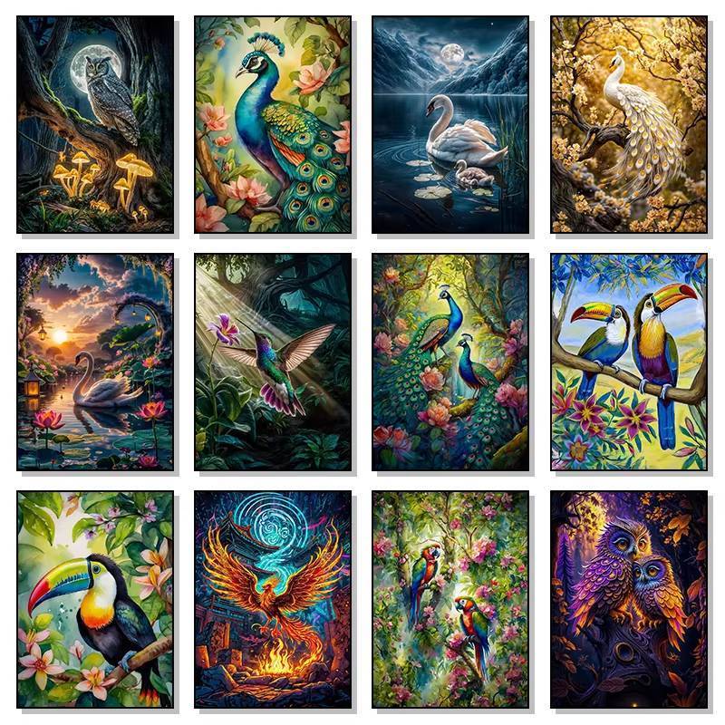 นกแฟนตาซีโปสเตอร์พิมพ์นกแก้วนกยูง Toucan ใน Jungle Wall Art ภาพวาดผ้าใบภาพผนังสําหรับห้องนั่งเล่นตกแต่งบ้าน