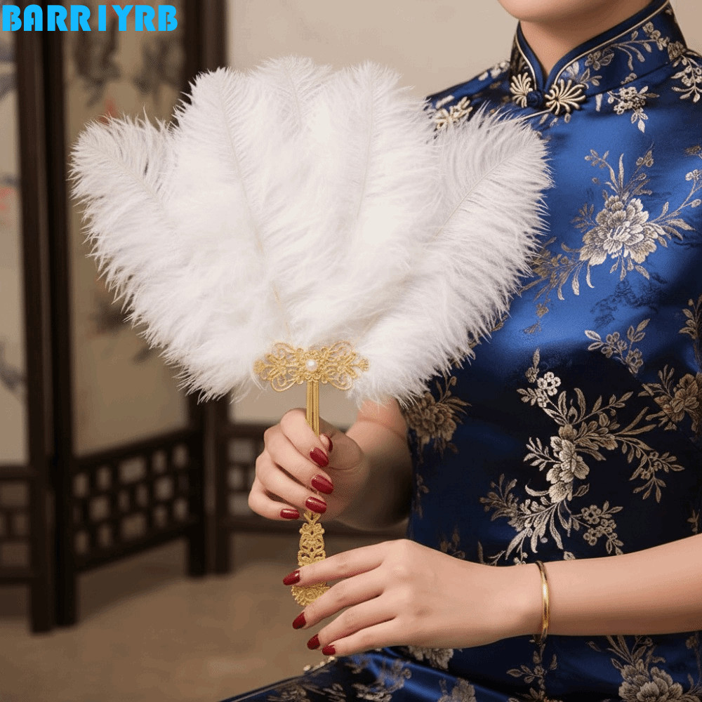 BARR1YRB พัดลมตกแต่งงานฝีมือตกแต่ง,งานฝีมือขนนกเต้นรําพัดลมขนนก,กี่เพ้าประณีตรันเวย์คอสเพลย์อุปกรณ์ประกอบฉากโบราณHanfu Cheongsam Dance Propsอุปกรณ์จัดงานแต่งงาน