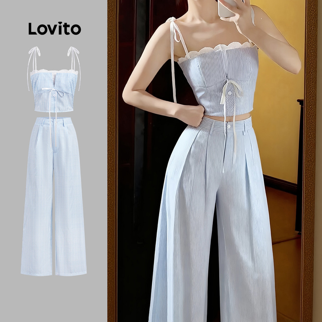 Lovito เสื้อหรือกางเกงลำลอง คอ ฮัลเตอร์ ผูกเชือกด้านหน้า สีฟ้า สำหรับผู้หญิง เหมาะสำหรับฤดูใบไม้ผลิ/ฤดูร้อน L173AD083