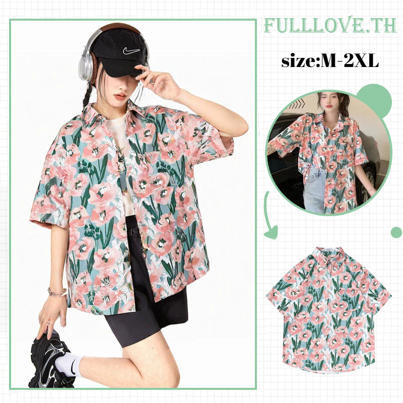 เสื้อสงกรานต์ผู้หญิง ลายดอกไม้ แขนสั้น ลายดอกไม้สีฟ้าชมพู เสื้อฮาวาย