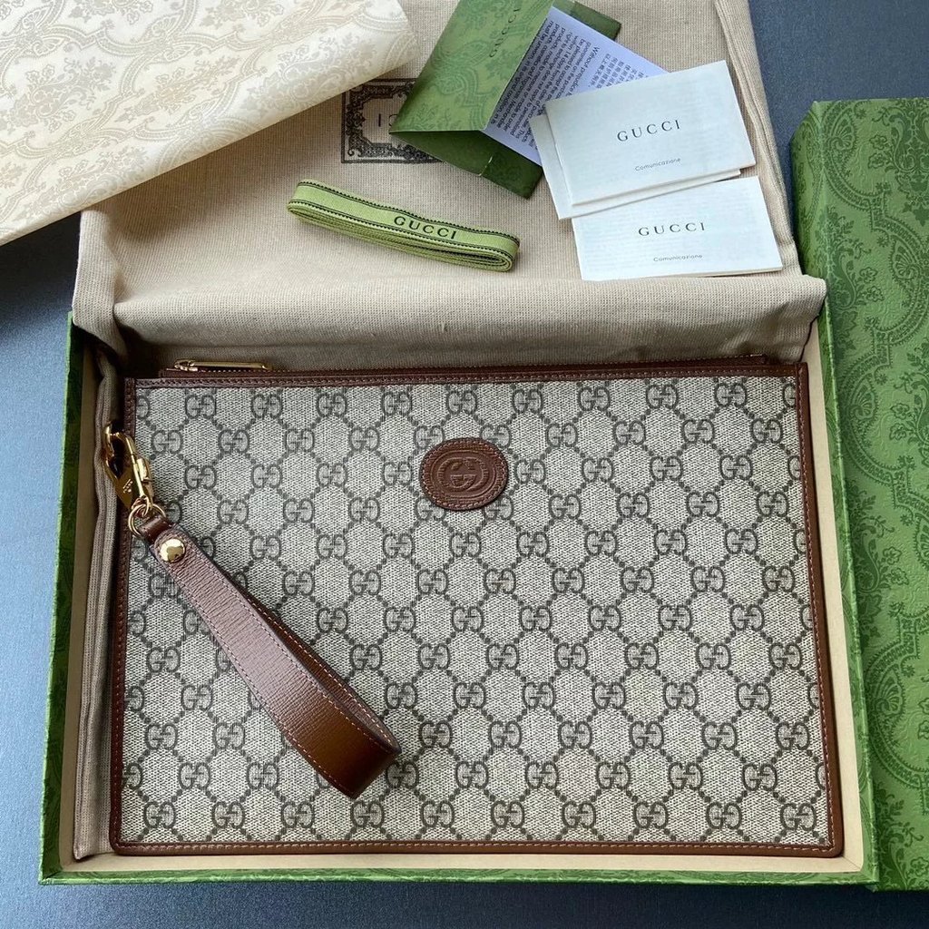 G GUCCI GUCCI ตกแต่งคลัตช์ผู้ชาย Interlocking Double G672953กระเป๋าสตางค์ใบใหญ่