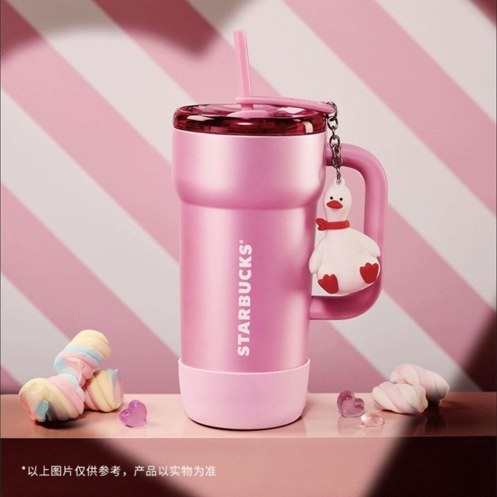((ในสต็อก) Starbucks Cup 2026 วันวาเลนไทน์ Sweet Star Poof Duck Series ถ้วยฟางสแตนเลส 670ml อุปกรณ์เสริมเครื่องประดับ