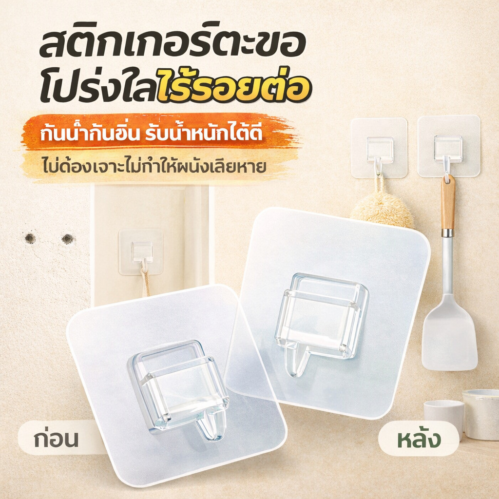 สติกเกอร์ตะขอโปร่งใสไร้รอยต่อ Strong Self-Adhesive Snap