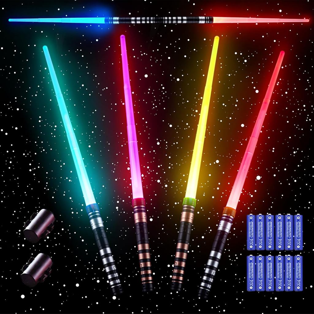 SANCO Light Up Saber ชุดสําหรับเด็ก-4 แพ็ค 7 สี Retractable Power ดาบ 2 ชิ้นเสื้อคลุมสีดําและแตรปีศา