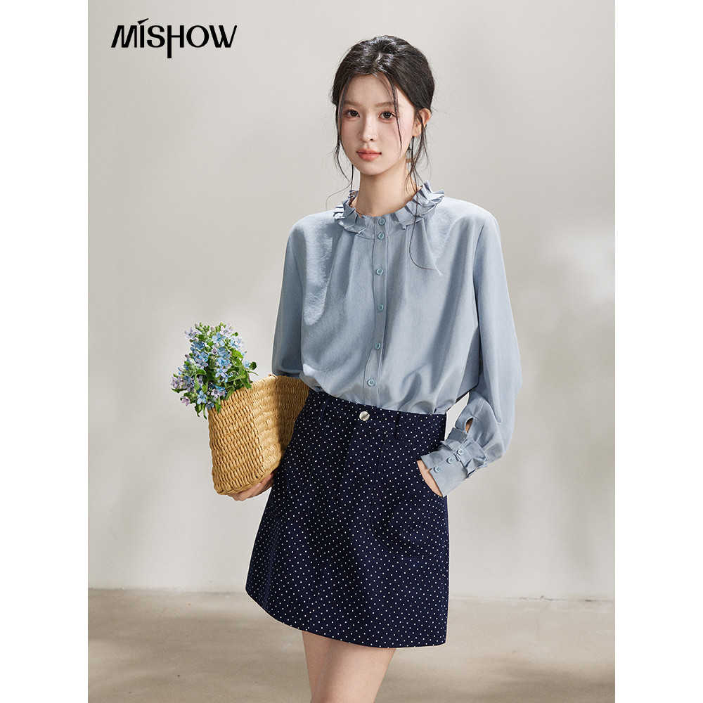 MISHOW เสื้อแขนยาวสไตล์ลำลองสำหรับผู้หญิง ผ้าพีชเนื้อนุ่ม กระดุมแถวเดียว