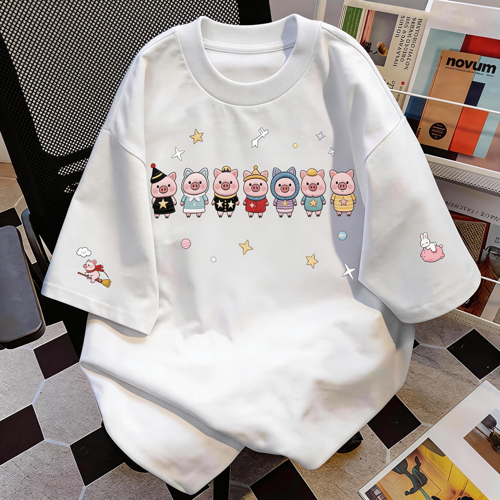 TEE·SHOP🍀เสื้อยืด oversize เสื้อเท่ๆ เกาหลี "Seven cute pigs" ไม่หดตัว เสื้อแฟชั่นใ เกาหลีสไตล์ พิมพ์ลาย ผ้านิ่มใส่สบาย