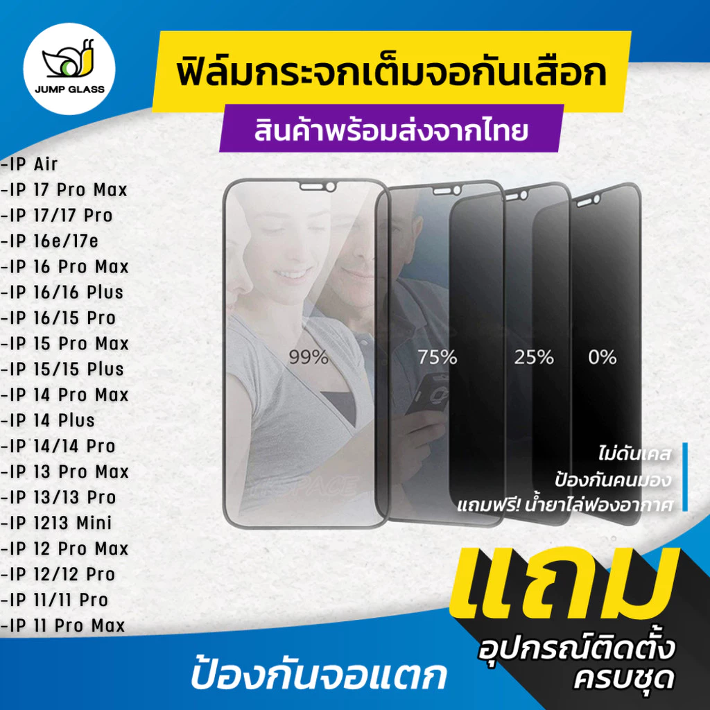 ฟิล์มกระจกนิรภัยกันเสือก สำหรับรุ่น iPhone Air,17 Pro Max, 17e,16 Pro Max,16e,15 Pro,14 Plus,13 Pro Max,13 Mini,12,11