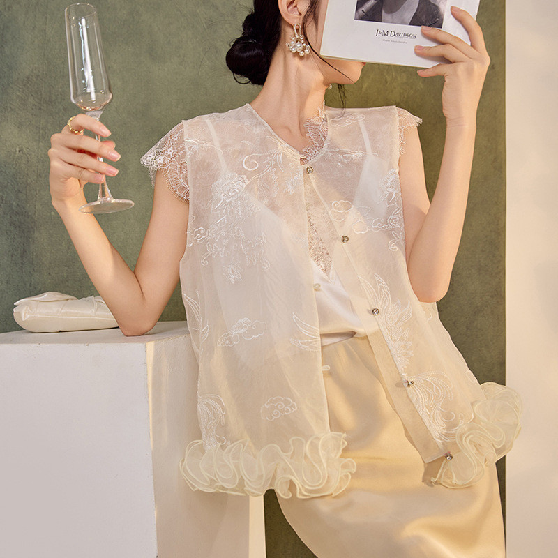 ใหม่สไตล์จีนสไตล์ใหม่ปักผ้าไหมหม่อนเสื้อกั๊กสไตล์จีน Hem เย็บลูกไม้เสื้อกั๊กบาง ZX สไตล์ N4070 W2026