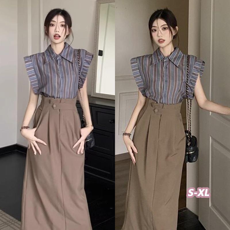 🌵Grace_chili🌵เสื้อเชิ้ตลายทางสไตล์เกาหลีเรโทร ขนาดใหญ่ สีเทาลายขนาดเล็กบินแขน ผ้าใส่สบายและดีไซน์สวยงาม 99122